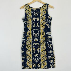 Island Candy Vintage Blue Tan Stamp‎ Hawaiian Sleeveless Dress Womens Medium